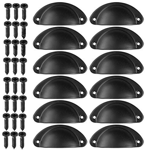 12Pcs Poignée Coquille Rétro Poignee de Meuble Vintage Bouton Tiroir Poignée avec Vis pour armoire de porte de placard de cuisine (Noir)
