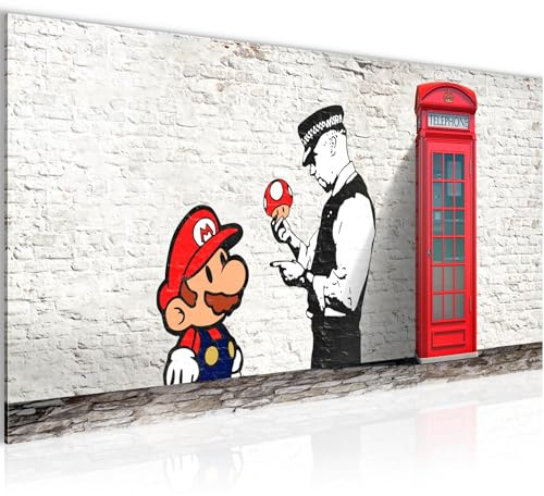 Runa Art Wandbild Mario And Cop 1 Teilig 100 x 40 cm Modern Bild auf Vlies Leinwand Graffiti Street Art Jugendzimmer Wohnzimmer Grau Bunt 032912c