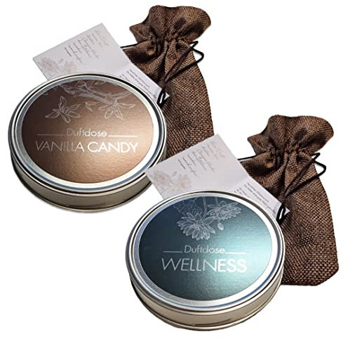 KK Raumduft aus der Dose | Duftgel - Made in Germany | 2 Duftdosen à 70 g | Vanilla Candy & Wellness | Attraktives Geschenkset | Einzeln im Jutesäckchen verpackt |