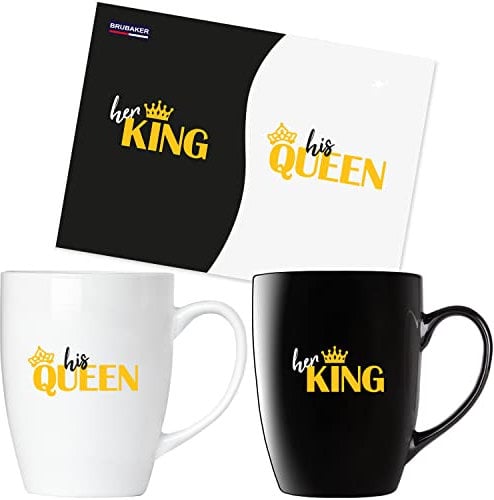 BRUBAKER Kaffeetassen Her King & His Queen mit Grußkarte - Pärchen Kaffeebecher Schwarz und Weiß - 300 ml Tassen Geschenkset - Mug Set in Geschenkbox für Valentinstag, Hochzeit und Weihnachten