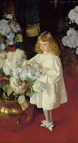 Canvas Helen Sears Little Girl Portrait with Vase of White Hydrangeas Flowers 1895 Painting By John Singer Sargent 9 x 16 image size art repro on canvas rolled up