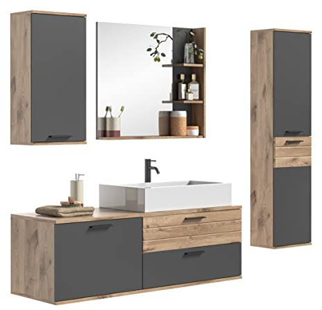 xonox.home Badezimmer Mason 4tlg. Kombination Badmöbel Set kleine Bäder Komplettprogramm Bademöbel-Set hängend in Basalt grau Nb.,Nox Oak Nb. Waschbeckenunterschrank mit Schubkästen