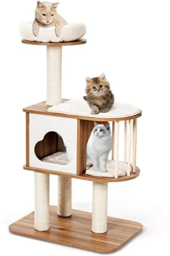 GOPLUS Arbre à Chat 117 CM en Bois 3 Niveaux avec Plateformes et Niche, Coussins Confortables, Poteaux en Sisal, Design Moderne, Naturel
