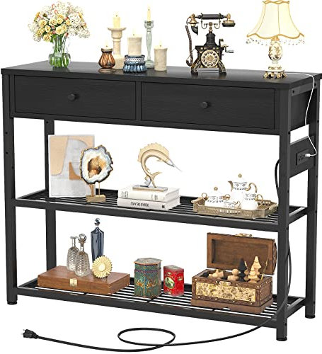 Ecoprsio Table d'entrée avec prises et ports USB, table console avec 2 tiroirs, petite table de canapé avec étagères de rangement pour salon, canapé, couloir, foyer, comptoir de cuisine, 81,3 cm, noir
