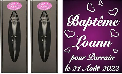 Lot : 1 Verre PARRAIN + 1 MARRAINE (ou 2 Parrains ou 2 Marraines au choix) - Flûtes à Champagne Gravées Modèle Cœurs + 2 Boîtes Cadeaux - Souvenir du Baptême de votre enfant - Cadeau personnalisé