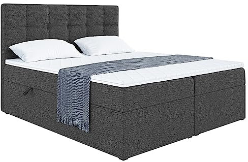 MEBLINI Boxspringbett mit Bettkasten - Gepolstert Doppelbett mit Matratze und Topper - Polsterbett mit Stauraum - Bett mit Kopfteil - Stauraumbett - NILS - 160x200 - H3/Dunkelgrau Webstoff