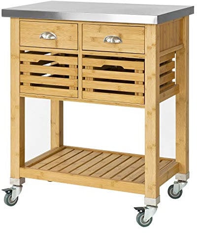 SoBuy FKW40-N Carrito de Cocina con Piso de Acero Mueble Cocina Auxiliar Estantería de Cocina Carrito de Servir de Bambú 73 x 46 x 93 cm ES