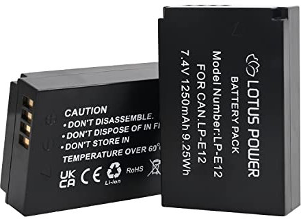 LOTUS POWER LP-E12 Ersatzakku, 1250mAh 7,4V Li-ion Akku LPE12 für Canon EOS M/EOS M2 / EOS M100 / EOS M200 / EOS M50 / EOS M50 Mark II/EOS 100D / PowerShot SX70 HS (2 Akkus)