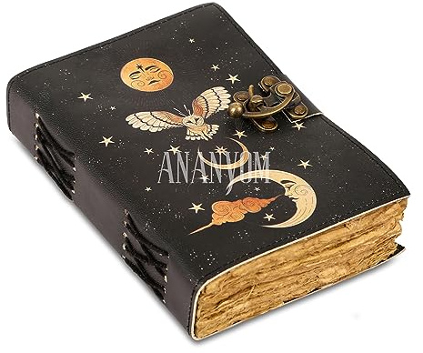 ANANYOM Handmade Leather Journal, Black, Sun & Moon Design, 7 x 5 Inch, 200 Unruled Pages, Hand Embossed, Deckle Edge Paper, Brass Clasp Lock, Vintage Notebook Diary, Sketchbook for Artists & Writers