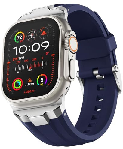 Suitisbest Correa compatible con Apple Watch Ultra 2 / Ultra 49 mm, Series 10 46 mm, Serie 9/8/7 45 mm, Serie SE/6/5/4 44 mm y Serie 3/2/1 42 mm, azul oscuro (metal plateado)
