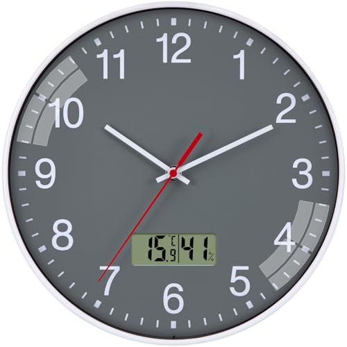 NESIFEE Uhr Mit Temperaturanzeige Wanduhr Ohne Tickgeräusche Groß 30 cm Leise Grau LCD Digitale Thermometer Küchenuhren Wanduhren Lautlos Modern Wohnzimmeruhr Badezimmer Wandfunkuhr Bahnhofsuhr