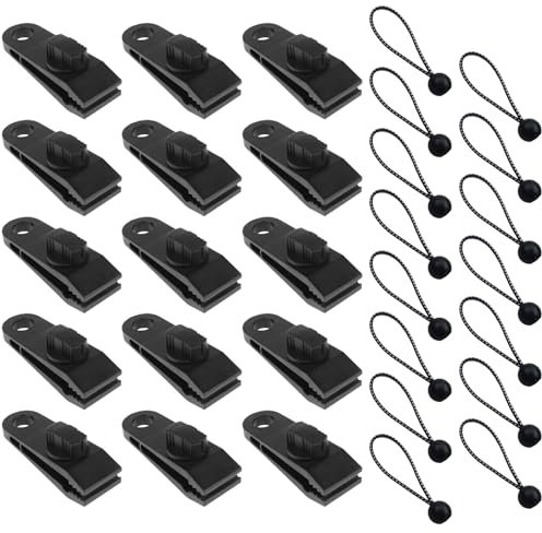 Clip per teloni, 15 pezzi, clip per teloni da tenda + 15 tendicinghi, tenditori per teloni con set di sfere, per esterni, barche, campeggio, tende da sole