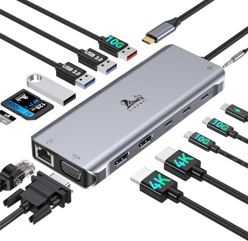 USB C Docking Station Dual HDMI Dockingstation 3 Monitore USB C Hub 2 HDMI Adapter 4K, VGA, PD 100W, 10Gbps USB C&USB A, Gigabit Ethernet, SD&TF, Laptop Dock Kompatibel mit Dell, HP, Lenovo