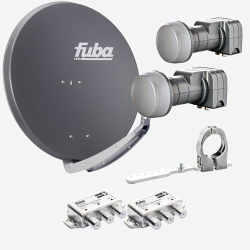 Fuba Sat Anlage 2 Teilnehmer - 2 Satelliten | Satellitenschüssel Komplettset - DAA 850 A Sat-Schüssel 85cm Alu anthrazit + 2X Twin LNB 2 Teilnehmer + Multifeedschiene + 2X DiSEqC-Schalter(HDTV/4K/8K)