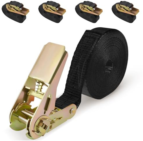 URAQT Correas Amarre con Trinquete, 4Pcs 1000KG Correas de Amarre, Correas de Sujeción Ajustables de 6 M de Largo 25 mm de Ancho con Bloqueo de Clip para Transporte de Equipaje de Carga Camping Negro