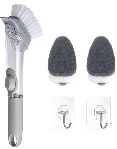 Brosse à Vaisselle Avec Distributeur de Savon, 2 Éponges et 2 Crochets - Pour Nettoyer et Récurer la Cuisine