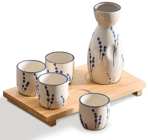 PUNNIO Juego de sake de cerámica, juego de 5 piezas de saki japonés con 1 jarra de sake, 4 tazas de sake, juego de tazas de Saki como regalo para sake vino japonés/Hanzo Sake/Soju/bebida de saki/té