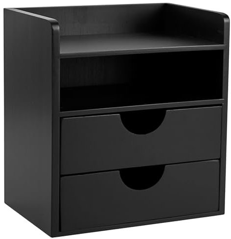 woodluv Desktop Organiser With 2 Drawers, Mini Shelf Storage Box, Drawer Storage For Home Workspace Office Supplies, Black, 19.4 (L) x 13 (W) x 21 (H)
