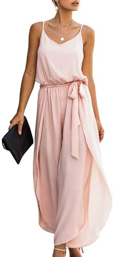 ASOMI Jumpsuit Damen Sommer Lang: Sexy Cocktail Elegant Mode Gürtel Overall Hochzeit Hawaii Urlaub Strand V-Ausschnitt Hosenanzug Business Baggy Festlich Spaghettiträger Outfit 84Rosa 2XL