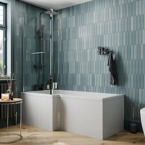 BAYSTONE 1700 x 855mm Left Hand L Shaped Shower Bath Bathtub with Front Panel + Chrome Bath Screen with Rail