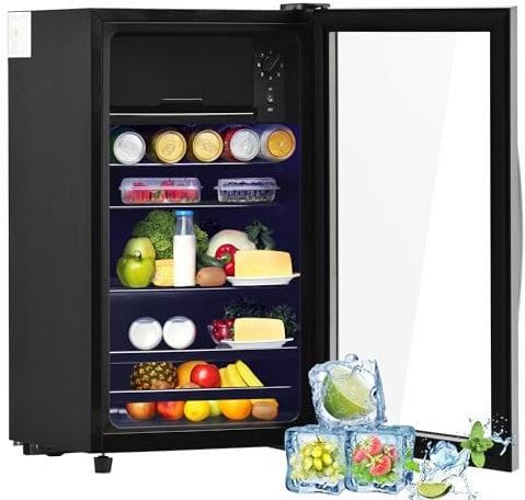Merax Réfrigérateur Mini 76L, Freestanding Refroidisseur à boissons avec réfrigérateur de 70L + congélateur 6L, avec éclairage intérieur LED et étagères réglables, super silencieux pour restaurant bar