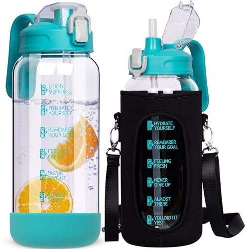 DEARRAY 1.5 litri / 1.5l Borraccia Acqua Vetro Motivazionale con Cannuccia & Orari per Bere Grande Bottiglia Vetro Caraffa Vetro Brocca Acqua Vetro Borosilicato
