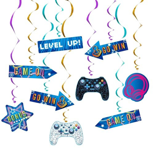 WERNNSAI Videospiel Hängewirbel – 21 Stück Videospiel Partydekorationen für Jungen Gamer Geburtstagsparty Decken Fenster Tür Dekorationen hängende Wirbel Luftschlangen für Gaming Night Partyzubehör