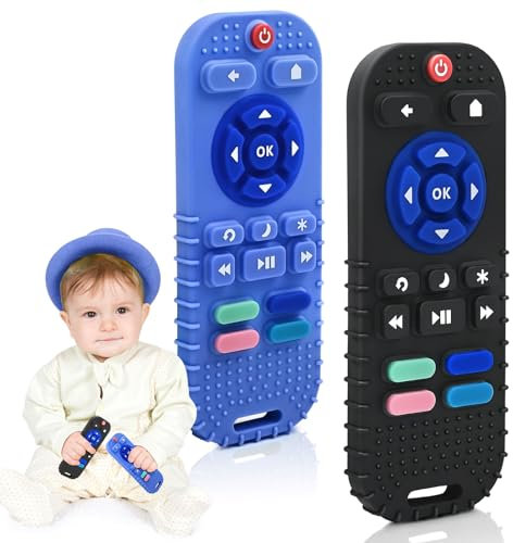 Zahnen Beißringe Spielzeug für Babys 0-6-18 Monate Geschenke, Fernbedienung Baby Zahnungshilfe für 3 6 9 12 Monate Kleinkind Autismus, Lebensmittelqualität Silikon Badespielzeug, Schwarz&Blau