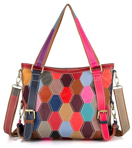 Karoukee Bunte Echtleder Tote Tasche für Frauen, Stilvolle Patchwork Damen Schultertasche, Modische Große Umhängetasche, Schön Henkeltasche mit Verstellbarer Riemen