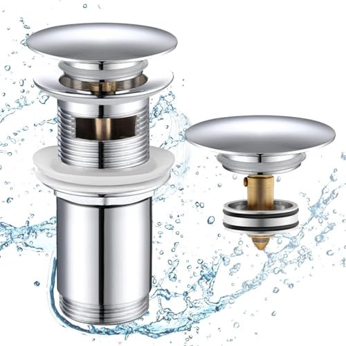 Agekub Ablaufgarnitur Spüle mit Überlauf Waschbecken Ablaufsieb & Haarsieb - Pop up Ventil Ablaufstopfen, inkl. 1 Ersatzstopfen, Universal Messing 1 1/4 Zoll Ablaufgarnitur - Chrom