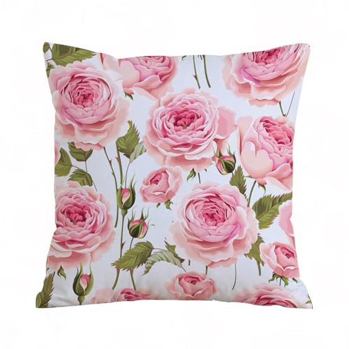AELKSP Kissenbezug Kissenhülle Haus Dekorativ Für Jungen/Mädchen Wohnzimmer Schlafzimmer Sofa Stuhl Kissenbezüge,Altrosa Blumengrußknospe Englische Rosen Rosenmuster Natur Vintage Antik Gart,50x50 cm