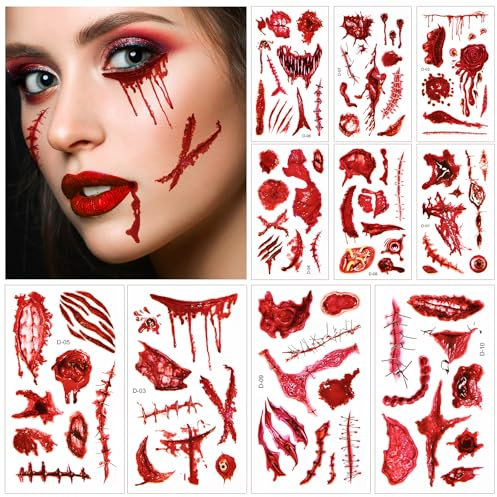 SCIONE 10 Blätter Halloween Tattoos Narben Wunden Tattoo Gesichtstattoo Temporäre Kunstblut Tattoo Aufkleber Halloween Deko Karneval