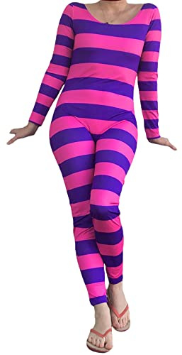 Lizxun Tuta da donna a maniche lunghe a righe rosa viola con gatto dello Stregatto per Halloween e cosplay