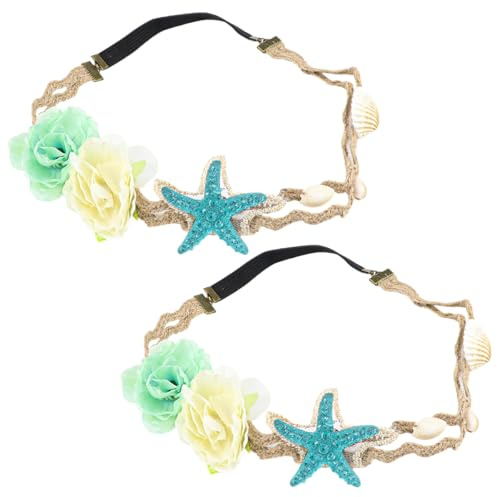 LNQ LUNIQI Damen Meerjungfrauen Stirnband, 2 Stück Seestern Kopfschmuck mit Blumen, Mädchen Muschel Haarreif Ocean Stirnband für Meerjungfrauen Kostüm Cosplay Hochzeit Party
