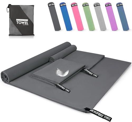 Pfloge® Mikrofaser Handtuch 3er Set, 180x80cm Microfaser Handtücher Groß+ 2 Stück 80x40cm Klein Fitness Handtuch, Farbecht Mikrofaser Badetuch, für Fitness, Sauna,Strand, Reise(Dunkelgrau)