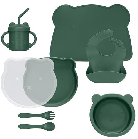 MOJINL Silikon Baby Geschirrset mit Saugnapf, Baby Geschirr Bär Set, Rutschfest Kindergeschirr Set, 8 Stück BPA Frei Esslernbesteck Sets mit Baby Löffel Gabel Schüssel Lätzchen Becher Teller Tischset