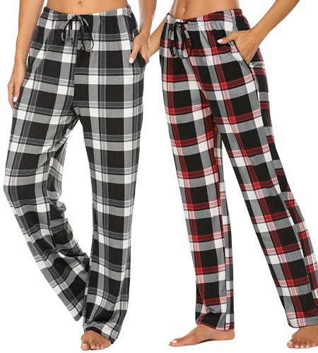 Ekouaer 2er Pyjamahose Damen Lang Schlafhose Karierte Schlafanzughose Weiche Freizeithose mit Taschen, Schwarz M
