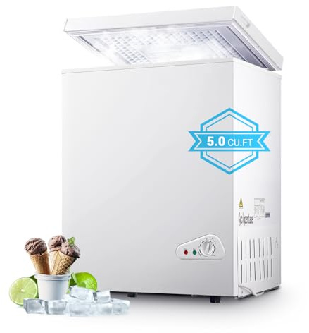 Rosmena - Chest Freezer, 5 Cubic Feet Deep Freezer with Removable Baskets and 7 Adjustable Temperatures and Top Open Door, White Deep Mini Freezer, Compact Freezer