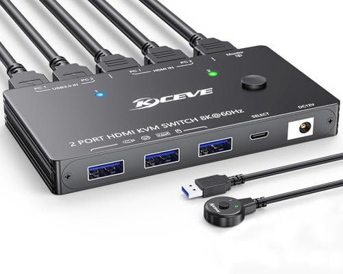 KVM-Switch 1 Monitor 2 Computer 4K@144Hz 8K@60Hz, HDMI USB3.0 KVM-Switches mit 3 USB 3.0-Anschlüssen, kabelgebundener Fernbedienung, Netzteil und USB 3.0-Kabeln im Lieferumfang enthalten