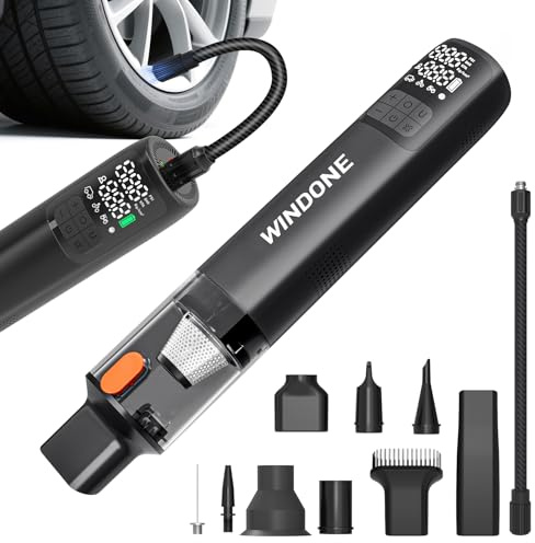 Car Vacuum, 12000Pa 2-in-1 Cleaner & Tire Inflator 150PSI, 60W Brushless Motor, Cordless Handheld Vacuum & Air Pump with Pressure Gauge, LED Light, Multi-Nozzles for Car, Home, Office