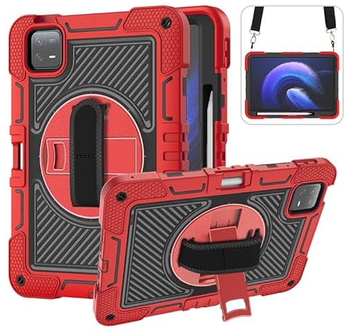 YOUULAR Tablet Case for Xiaomi Pad 6 Pro/Xiaomi Pad 6 23043RP34C, 23043RP34G 11.0 inch, Tablet Shockproof Cover with 360° Rotating Stand and Wrist Strap, Shoulder Strap,Large Red+Black