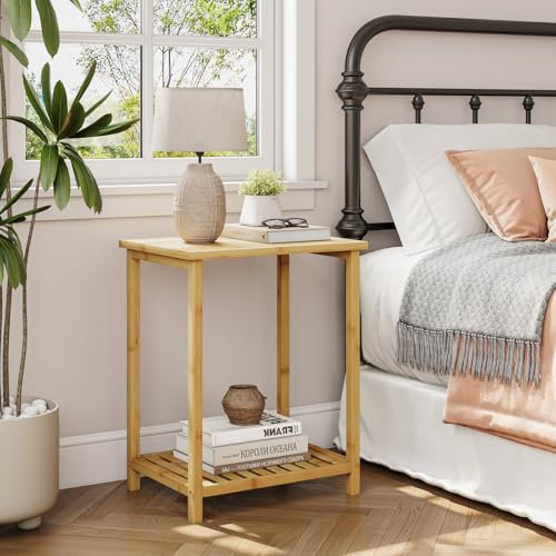 Dripex Bamboo Living Room End Table, 2-Tier Narrow Nightstand, Bedside Table, Slim Coffee Table Small Spaces, Storage Sofa Side Table for Bedroom or Office