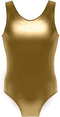R&N FASHIONS Ärmelloser Gymnastikanzug für Mädchen, Kinder, Schule, Sport, Tanz, Gymnastik, Ballett, metallisch, Wet-Look, glänzend, Party, Disco oder Tanzkostüm, gold, S-M