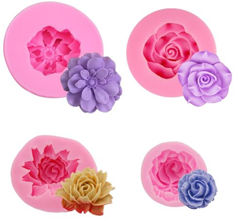 YIIWONI Moule Silicone Fleur, 4 Pièces Moule Silicone Bougie Moules en Silicone en Forme de Fleur 3D en Forme de Rose pour Fabrication de Savon, Bougies, Gâteaux, Bonbons, Pâtisserie, Dessert