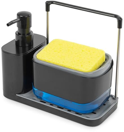 Fineway 3-in-1 Automatic Refillable Soap Dispenser Set with Sponge Holder, Black Sink Caddy Organiser for Kitchen & Bathroom (Black)