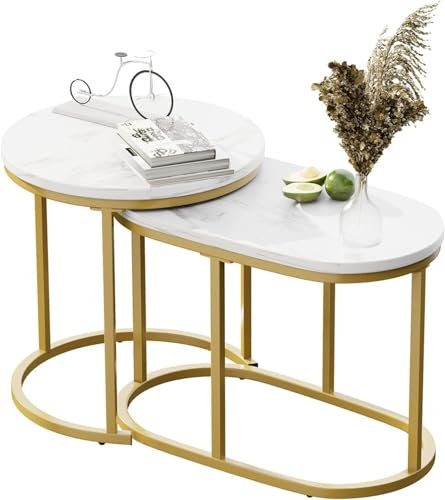 Couchtisch Rund, Satztisch 2er Set, Wohnzimmertisch, Couchtisch aus Holz, Ovaler Beistelltisch Set, Sofatisch für Wohnzimmer, Schlafzimmer, Büro, Balkon, Gold Metallgestell und Weiß Marmor Tischplatte