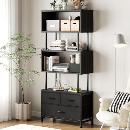 Coleshome Bücherregal, Regal mit 5 Etagen, Standregal mit 3 Stoffschubladen, Regal Schmal Geeignet für Schlafzimmer, Büro, Wohnzimmer, Küche, 60 x 24 x 155cm, Schwarz