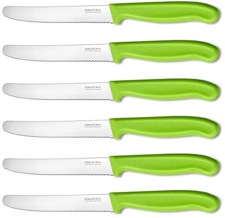NEUSTANLO | Tafelmesser aus rostfreiem Stahl | 6 Stück | Grün | extra scharfer Wellenschliff | ideales Brötchenmesser, Tomatenmesser für den Frühstückstisch