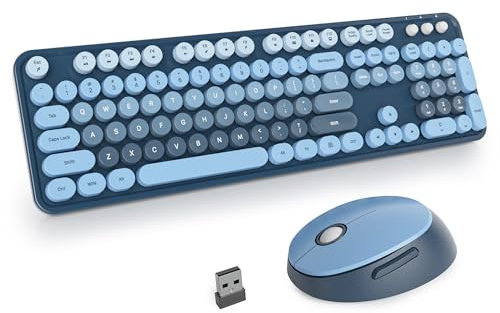 SOLIDEE Wireless Keyboard and Mouse Combo,Retro Typewriter Keyboard,2.4GHz Round Keycap Computer with Number Pad,104 Keys Full Size Ergonomic(US Layout QWERTY)(SeaBlue Gradient)