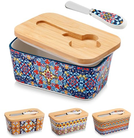vancasso SIMI Butterdose, Hochwertige Butterglocke, Butterdose Keramik mit Messer und Holzdeckel, Böhmischer Butterschale 16.5 x 9.7 x 8cm